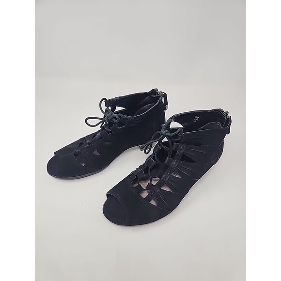 Earth Women's Aurora Size 8.5 B Black Sandals Block Heel Front Tie Back Zipper - Picture 5 of 16